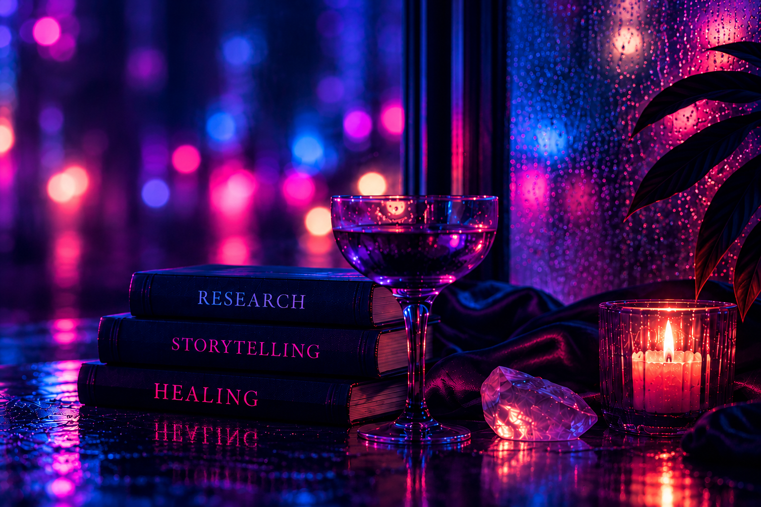 Neon-lit still life with books, glass, candle and crystal in blue, violet and magenta light.