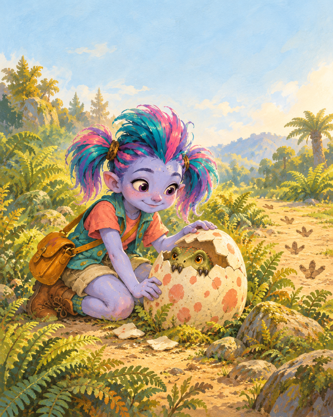 Girl Wanderling discovers a dinosaur hatching from an egg