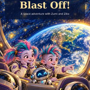 Zumi, Ziko and Zed look toward Earth through a spacecraft window beneath a swirling starry sky. Blast Off! by Susie Sarkozy.