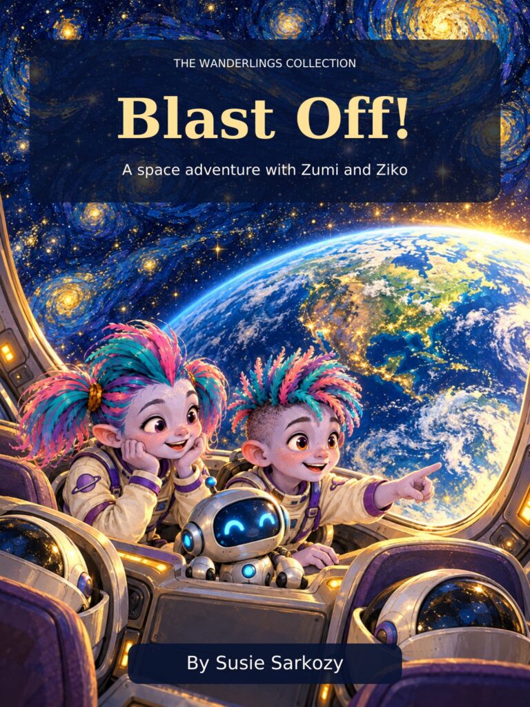 Zumi, Ziko and Zed look toward Earth through a spacecraft window beneath a swirling starry sky. Blast Off! by Susie Sarkozy.