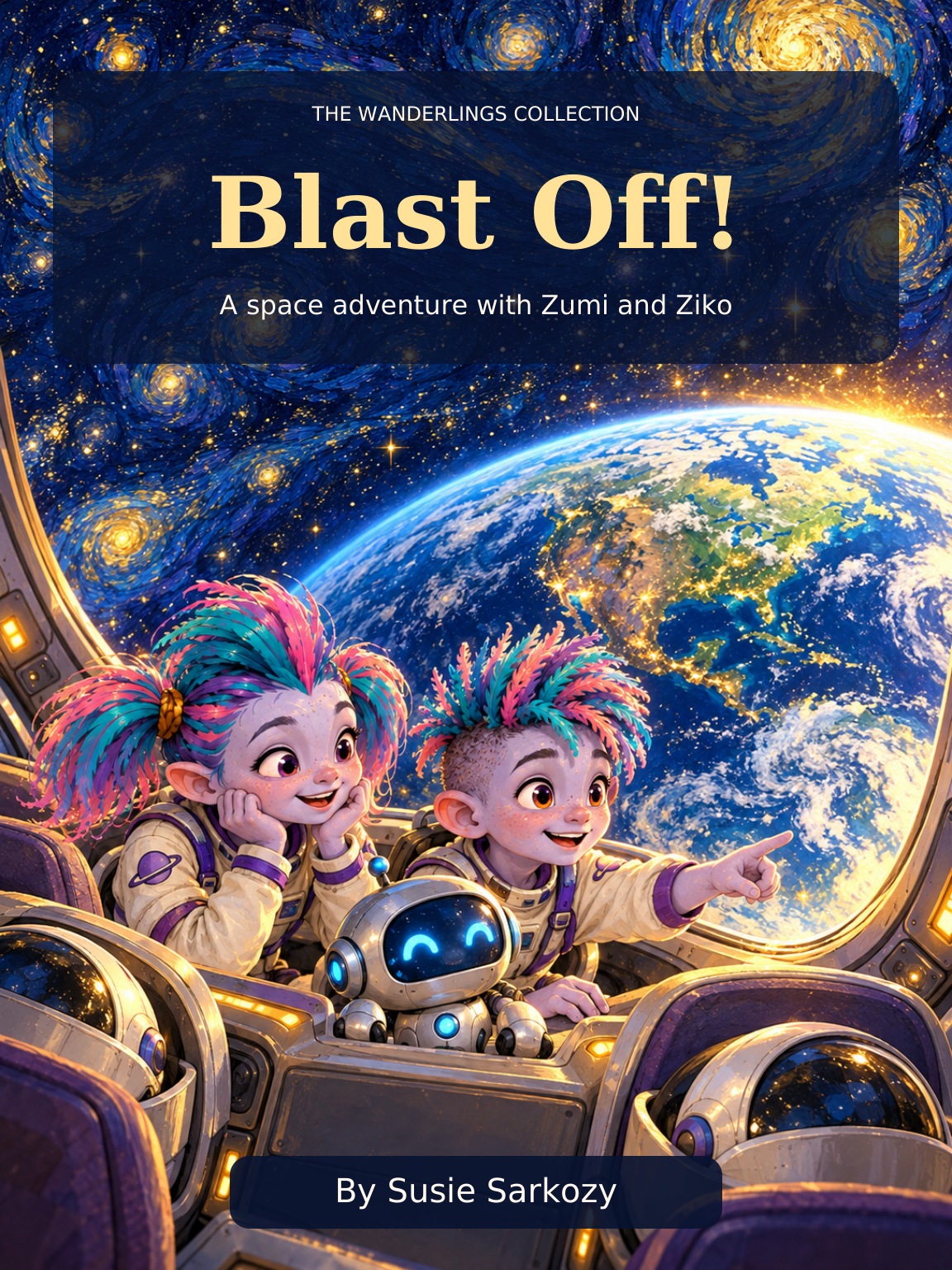 Zumi, Ziko and Zed look toward Earth through a spacecraft window beneath a swirling starry sky. Blast Off! by Susie Sarkozy.