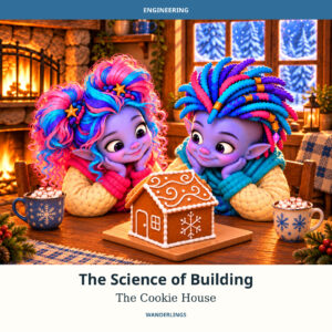 The Science of Building: The Cookie House cover, showing Zumi and Ziko admiring a cookie house in a cozy room.