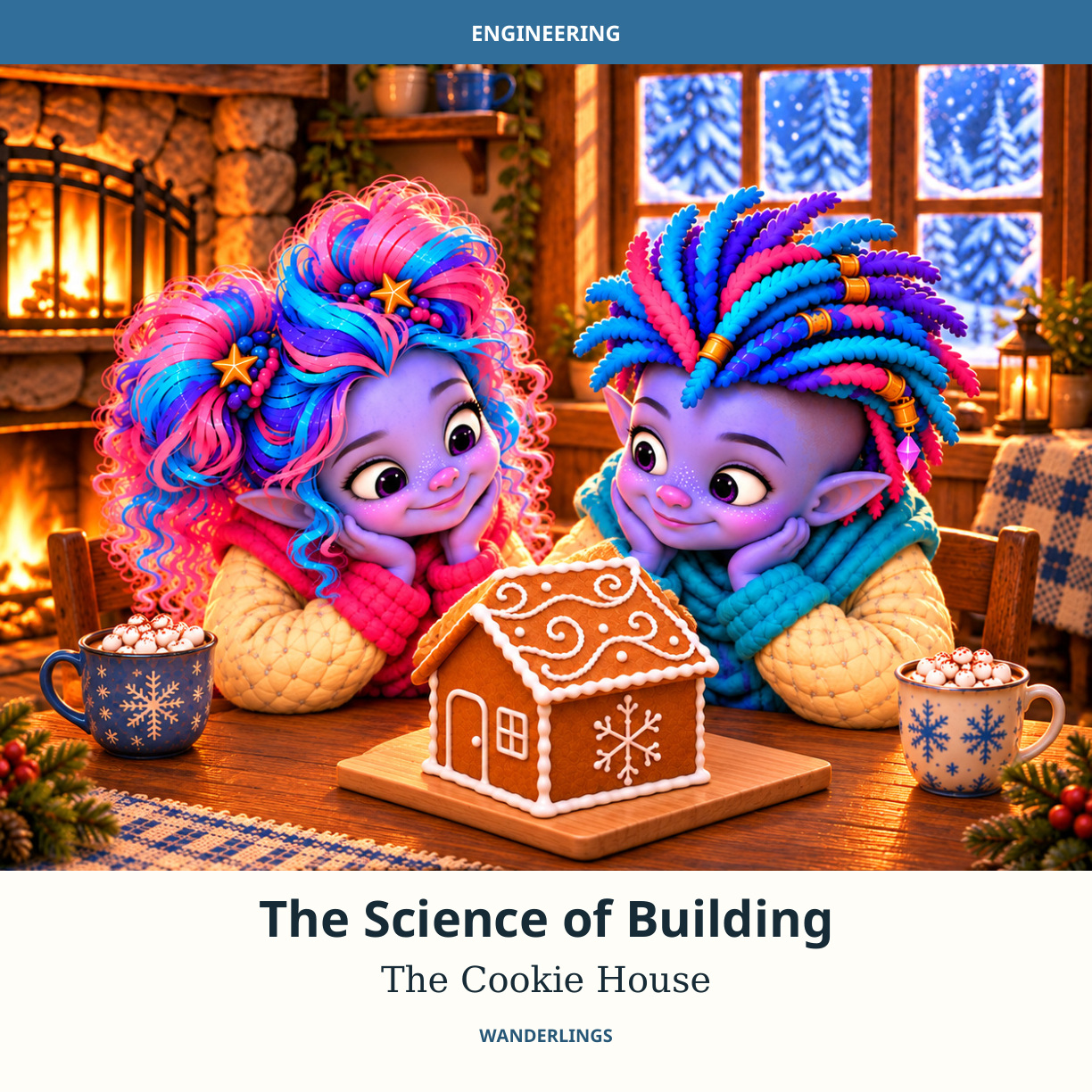 The Science of Building: The Cookie House cover, showing Zumi and Ziko admiring a cookie house in a cozy room.