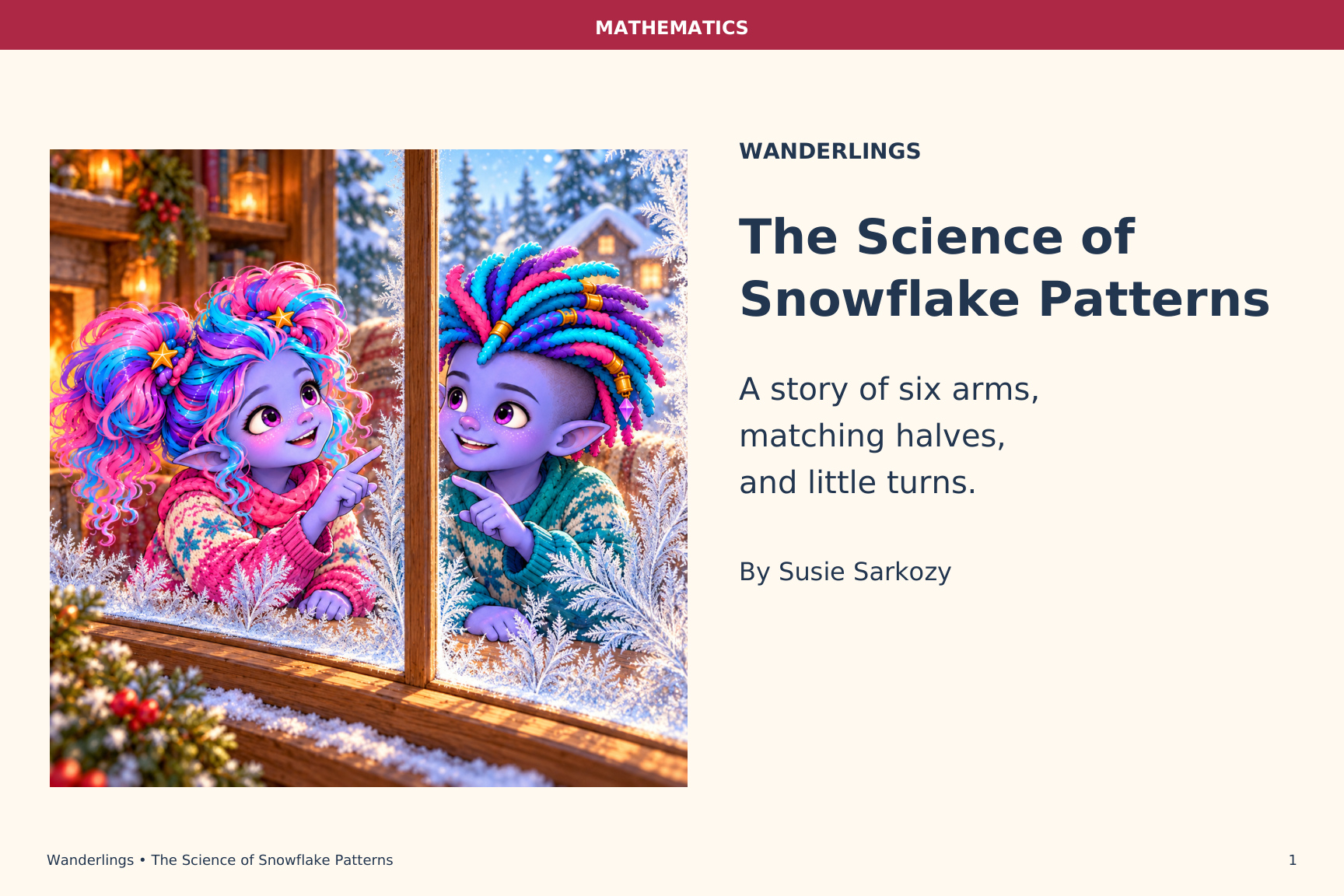 The Science of Snowflake Patterns cover, showing Zumi and Ziko by a frosty window with a red Mathematics band.