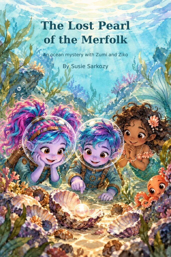 Zumi, Ziko, Neri and Pip discover a pearl in an underwater garden. The Lost Pearl of the Merfolk by Susie Sarkozy.