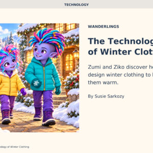 The Technology of Winter Clothing cover, showing Zumi and Ziko in winter coats with a pearl Technology band.