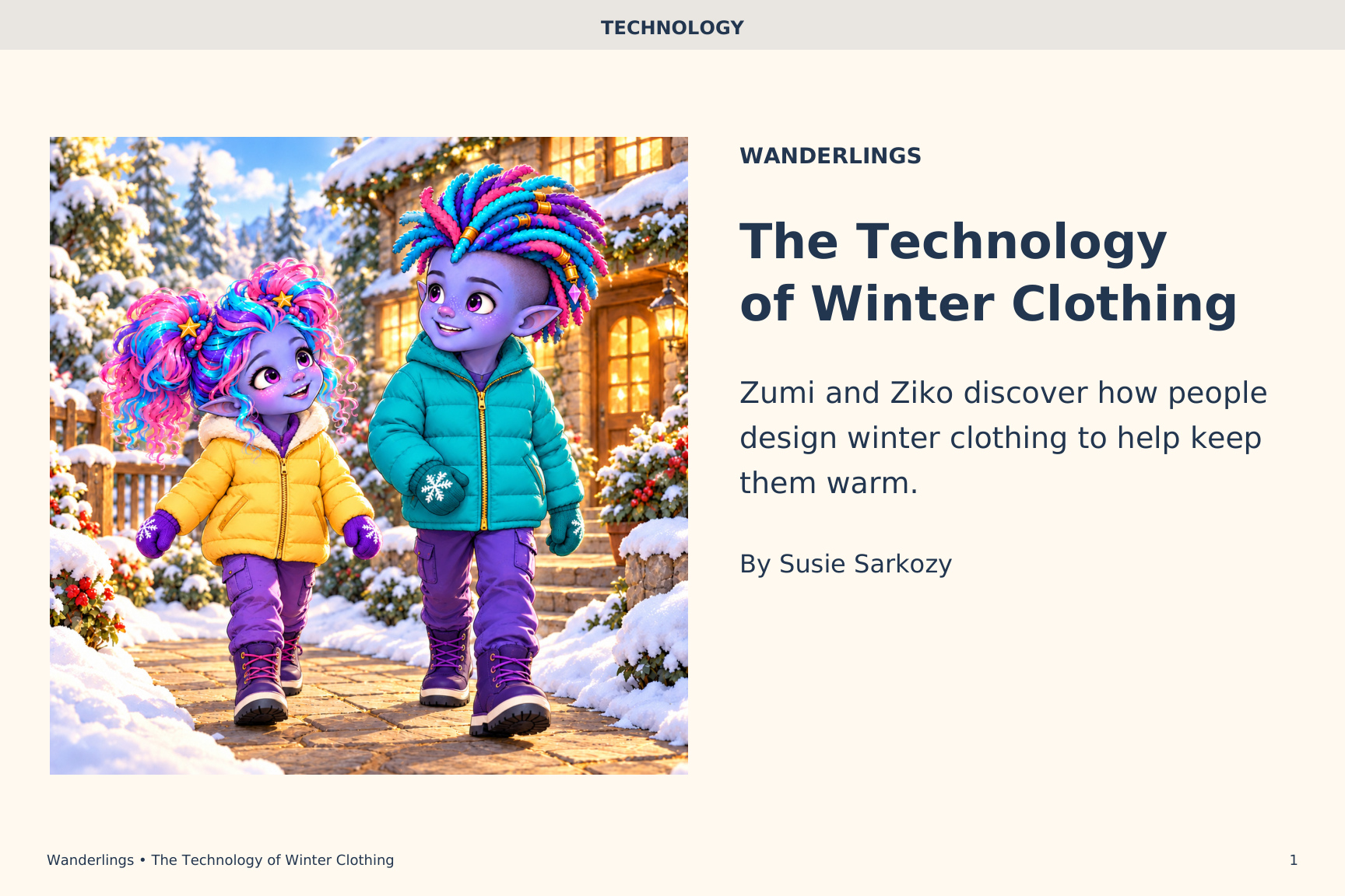 The Technology of Winter Clothing cover, showing Zumi and Ziko in winter coats with a pearl Technology band.